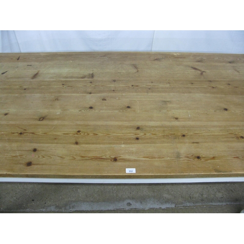 292 - Pine country kitchen dining table having a six plank top over a single drawer, standing on turned le... 