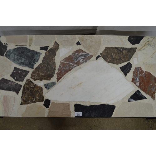 293 - Heavy granite and marble Terrazzo style coffee table, standing on square metal supports - 120cm x 50... 