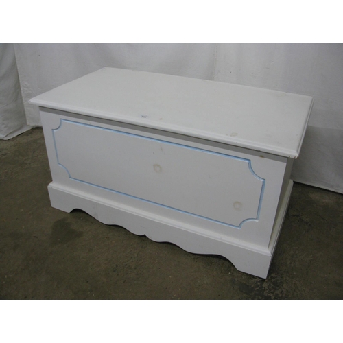 303 - Painted pine blanket box having a hinged lift top lid, standing on shaped plinth base - 92cm x 48cm ... 