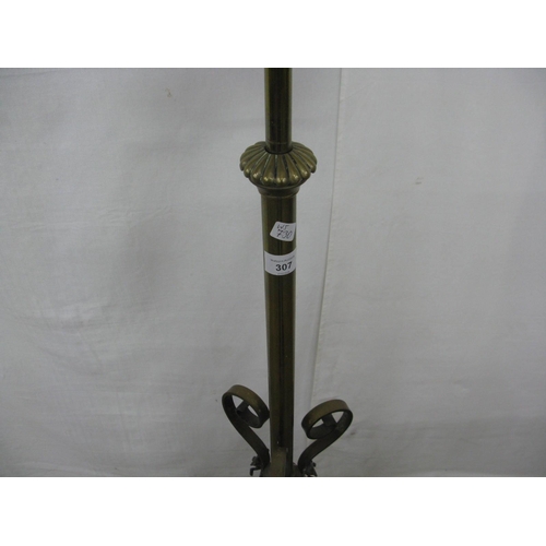 307 - Brass telescopic oil lamp standard, standing on a scrolled tripod base - 49cm x 49cm x 144cm tall