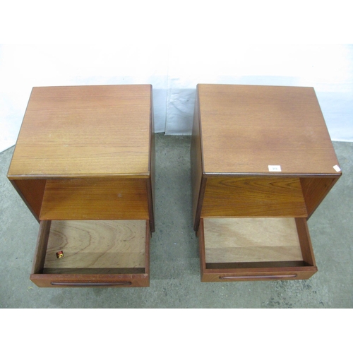 313 - Pair of G-Plan Fresco teak bedside cabinets, both having an open shelf with single drawer below, the... 