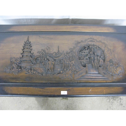 316 - Yuen Lee Carved Furniture Works Oriental carved camphorwood blanket box, the hinged lift lid having ... 