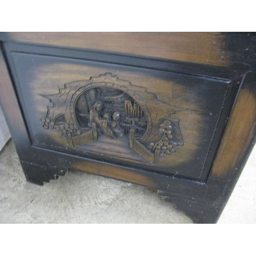 316 - Yuen Lee Carved Furniture Works Oriental carved camphorwood blanket box, the hinged lift lid having ... 