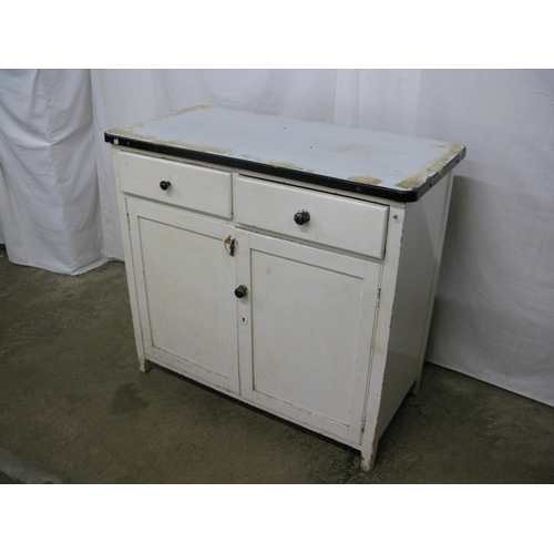 317 - Painted kitchen cupboard, the enamel top over two drawers with two panelled door cupboard below, the... 