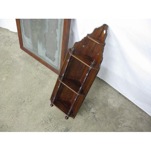 321 - Mahogany framed mirror - 61cm x 87.5cm tall together with mahogany corner wall shelves having four s... 