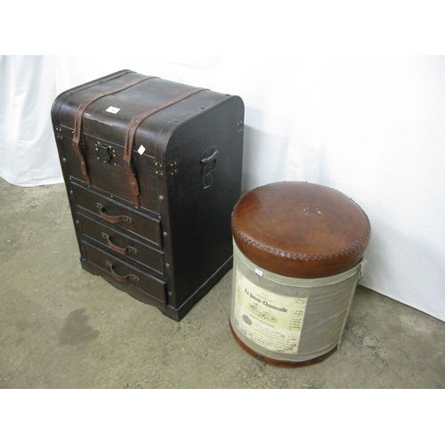 329 - Modern stained wood chest with studwork detail, a lift top lid over three drawers, carrying handles ... 