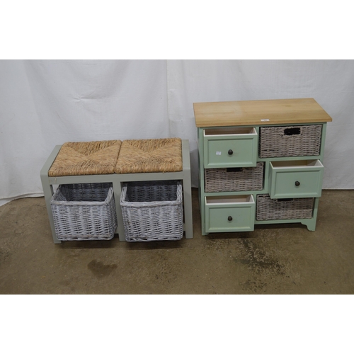 337 - Painted wicker storage unit having an arrangement of wicker baskets and drawers, standing on bracket... 