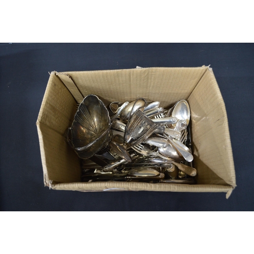 34 - Two boxes of silver-plate to include: cutlery, teapot, tankards etc