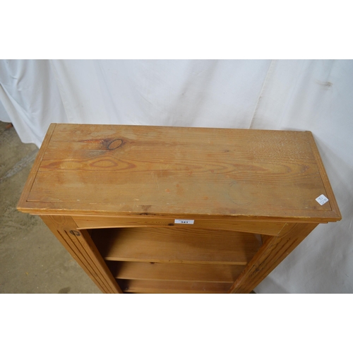 341 - Pine open bookshelves having three adjustable shelves, standing on plinth base - 60cm x 23cm x 107cm... 