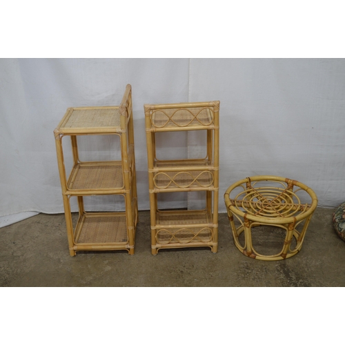 346 - Pair of bamboo and rattan side tables having three tiers each with raised backs - 31cm x 31cm x 75cm... 