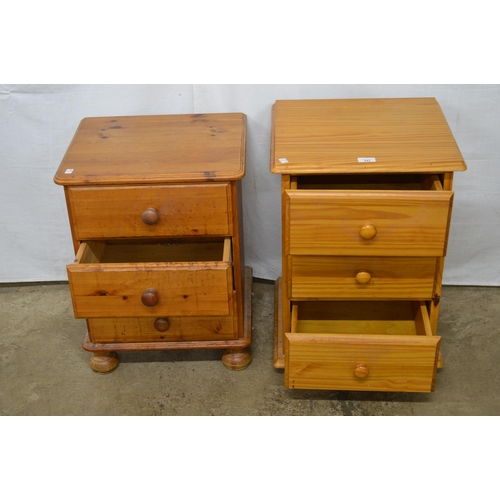 347 - Modern pine bedside chest of three drawers, standing on bun feet - 44cm x 41cm x 63cm tall together ... 