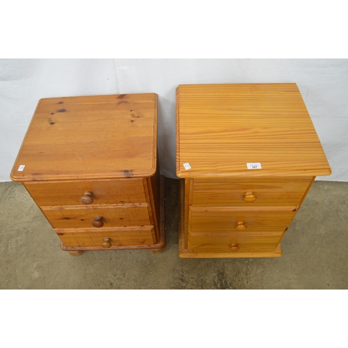 347 - Modern pine bedside chest of three drawers, standing on bun feet - 44cm x 41cm x 63cm tall together ... 