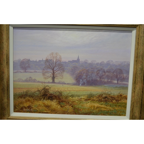 35 - Christopher Osbourne oil on board titled Mayfield Morning on verso - 40cm x 30cm, in unglazed gilt f... 