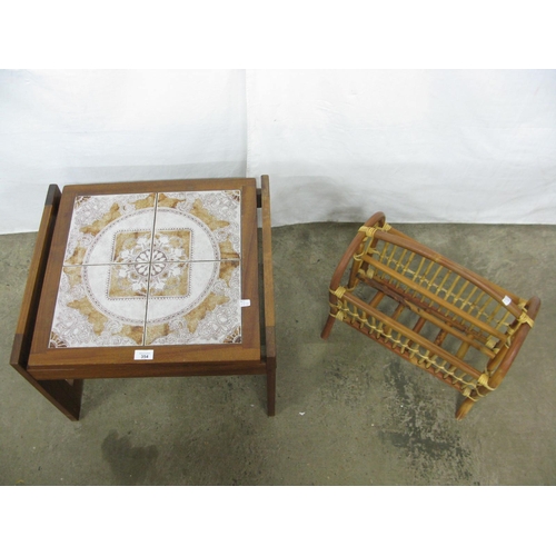 354 - Mid century teak tile top coffee table, the tile top standing on a quad form base - 55cm x 48cm x 40... 