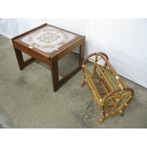 354 - Mid century teak tile top coffee table, the tile top standing on a quad form base - 55cm x 48cm x 40... 