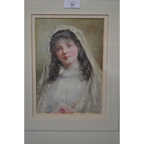 36 - Unsigned watercolour portrait of young lady holding flowers - 17cm x 24.5cm, mounted in glazed silve... 