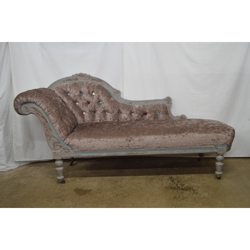 371 - Painted chaise longue having button back with scroll support, upholstered in a velour fabric, standi... 