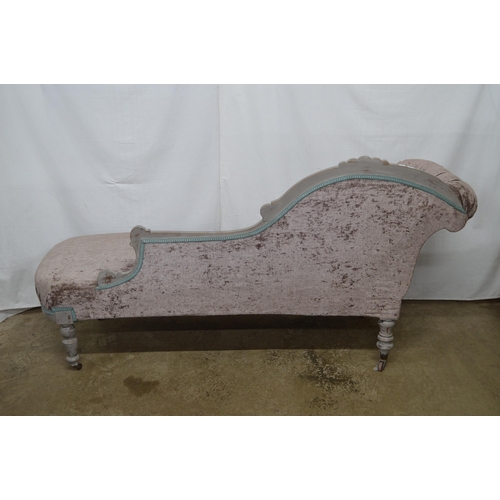 371 - Painted chaise longue having button back with scroll support, upholstered in a velour fabric, standi... 