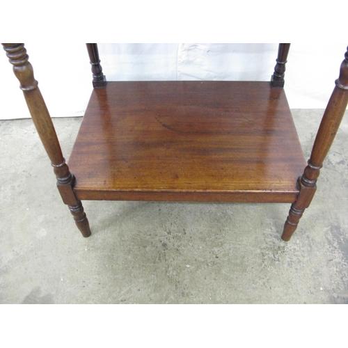 380 - Mahogany side table having 3/4 gallery top over a single drawer with a lower tier united by turned s... 