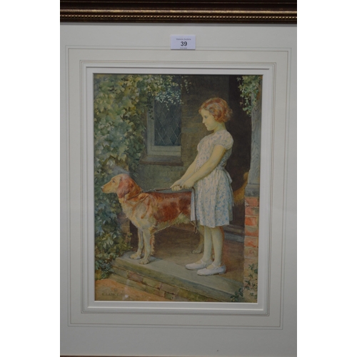 39 - Eveline Lance (1866-1937), watercolour of a young girl and dog in a doorway - 26.5cm x 36.5cm, mount... 