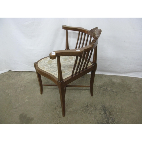 399 - Inlaid mahogany corner chair having slatted back and padded seat, standing on splayed tapered suppor... 