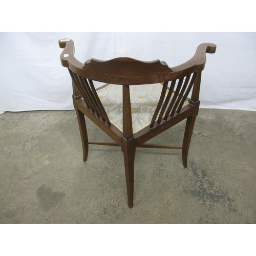 399 - Inlaid mahogany corner chair having slatted back and padded seat, standing on splayed tapered suppor... 