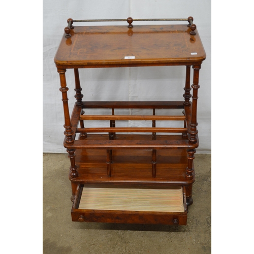 411 - Inlaid walnut Canterbury whatnot having a brass galleried top on turned supports with a three sectio... 