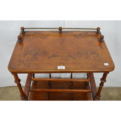 411 - Inlaid walnut Canterbury whatnot having a brass galleried top on turned supports with a three sectio... 