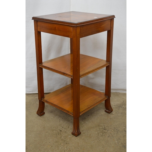 415 - Cross banded walnut three tier lamp table, standing on square legs with carved pad feet - 38cm x 38c... 