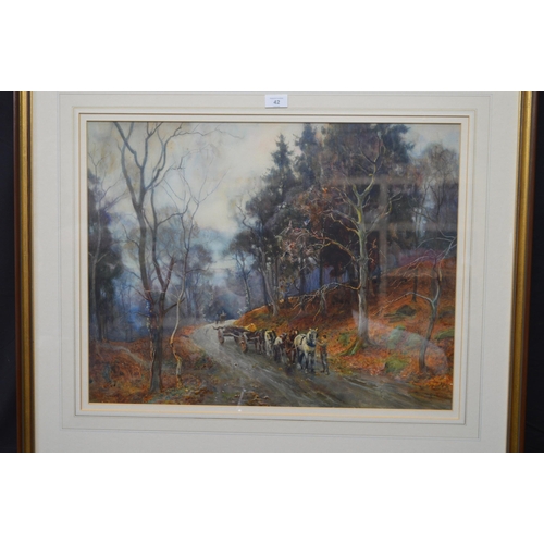 42 - Samuel Towers (1862-1943), watercolour of horses transporting a fallen tree - 64cm x 49.5cm, mounted... 