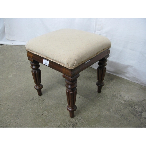 437 - Mahogany foot stool, the upholstered padded seat raised on turned reeded legs - 33cm x 33cm x 35cm t... 