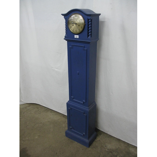 441 - Blue painted grandmother clock having circular dial with Arabic numerals, arched hood, barley twist ... 