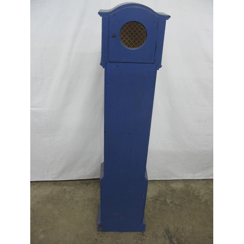 441 - Blue painted grandmother clock having circular dial with Arabic numerals, arched hood, barley twist ... 