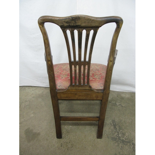 442 - Mahogany elbow chair having pierced splat back and padded upholstered seat, standing on square front... 