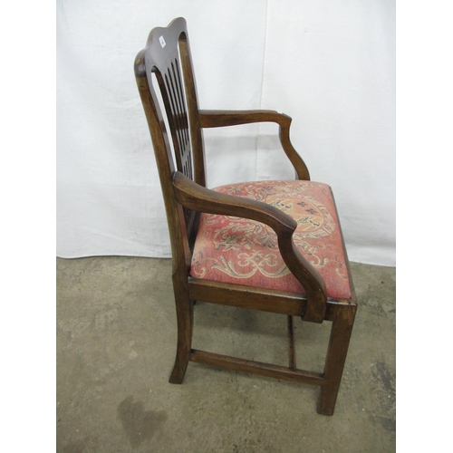 442 - Mahogany elbow chair having pierced splat back and padded upholstered seat, standing on square front... 