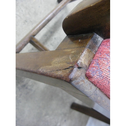 442 - Mahogany elbow chair having pierced splat back and padded upholstered seat, standing on square front... 