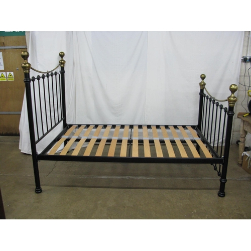 443 - Modern brass and iron/metal style bed with a slatted wood and metal base - base dimensions 120cm x 1... 