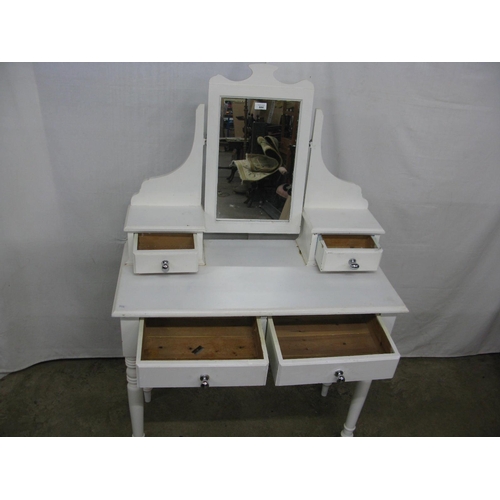 444 - White painted dressing table, the central mirror having shaped supports with two short drawers, the ... 