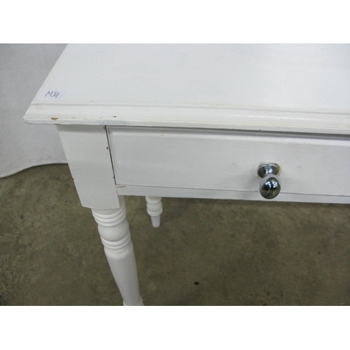 444 - White painted dressing table, the central mirror having shaped supports with two short drawers, the ... 