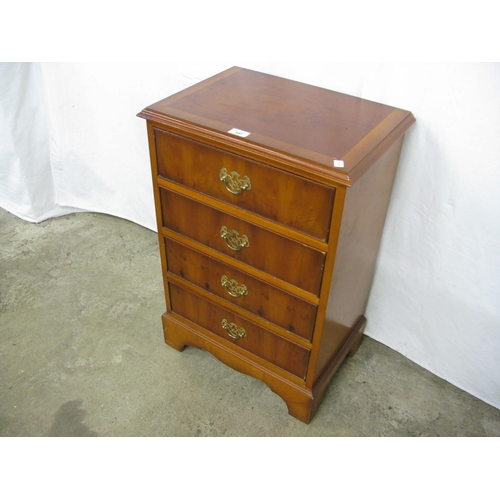 447 - Small reproduction yew wood cross banded chest of four drawers, standing on bracket feet - 49cm x 34... 