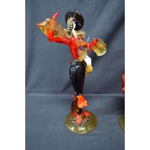 49 - Pair of Murano glass figures of dancers standing on circular bases - 37cm and 38cm tall