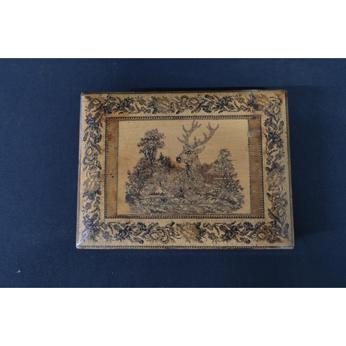 55 - Tunbridgeware writing box, the lid having scene of stag with floral border - 25cm wide