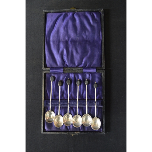 57 - Cased set of six silver coffee bean spoons hallmarked for Sheffield together with a set of six silve... 