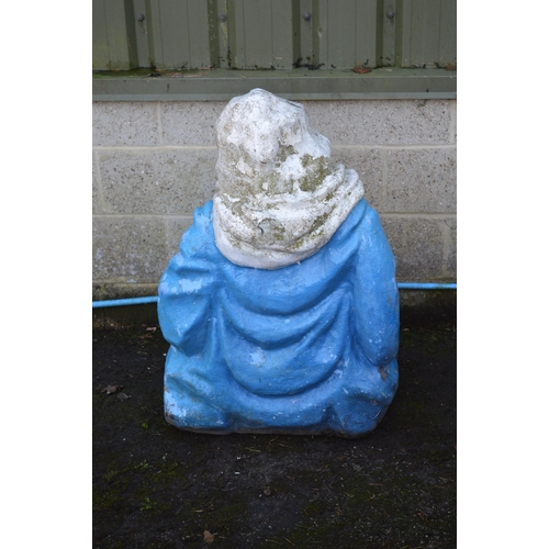 6 - Fiberglass statue of a seated lady in blue clothing with white head scarf - 95cm tall