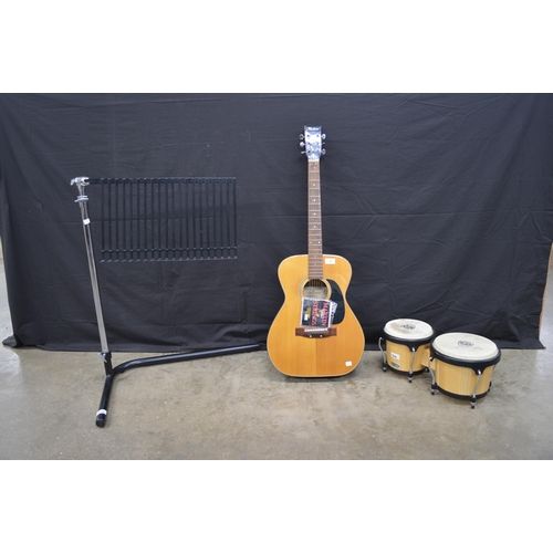 60 - Kimbara Model-30 acoustic guitar together with Cosmic Percussion bongo drums and music stand