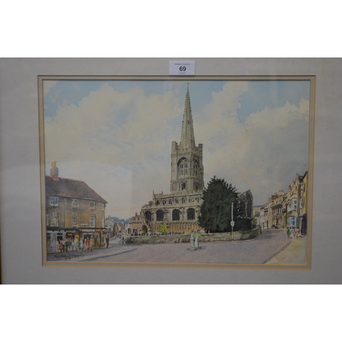 69 - Cyril J Mayes (British, 20th century) watercolour titled All Saints Church, Stamford - 40cm x 28.5cm... 