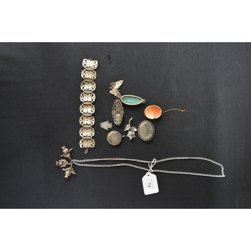 74 - Quantity of jewellery to include: 9ct yellow gold mounted cameo brooch, silver locket and a .935 sil... 