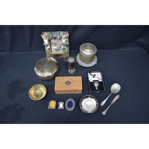 75 - Group of sundry items to include: silver plated biscuit barrel, miners' inspection lamp, boxed egg c... 