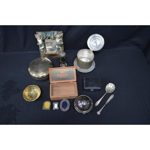 75 - Group of sundry items to include: silver plated biscuit barrel, miners' inspection lamp, boxed egg c... 