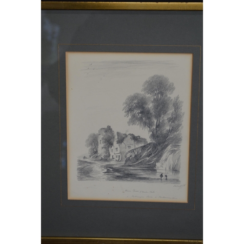 82 - John Ewbank (1799-1847), group of four pencil drawings of watermills, fishing boats and castle ruin ... 